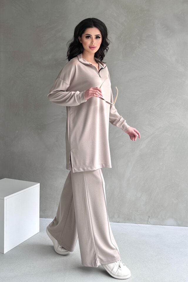 Feela Moda Kadın Modal Penye Oversize Metal Fermuar Tesettür Tunik Takım 2021 S - Bej