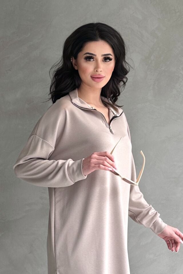 Feela Moda Kadın Modal Penye Oversize Metal Fermuar Tesettür Tunik Takım 2021 S - Bej