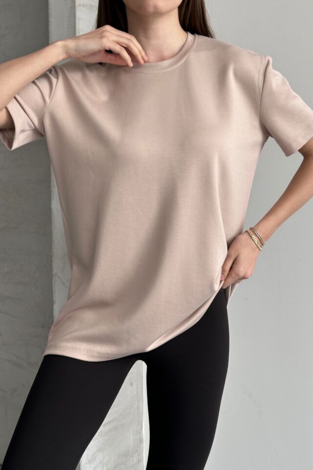 Balenbi Kadın Modal Bisiklet Yaka Basic Yarım Kollu T-Shirt 1211 Bej - L