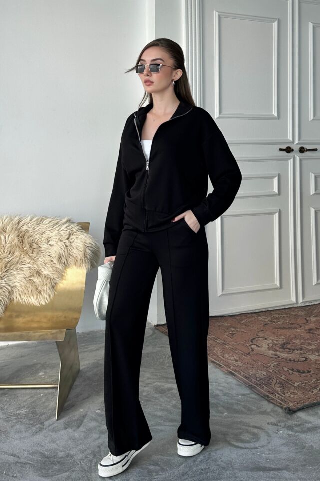 Balenbi Kadın Modal Kumaş Fermuarlı Dik Yaka Takım 1118 L - Siyah