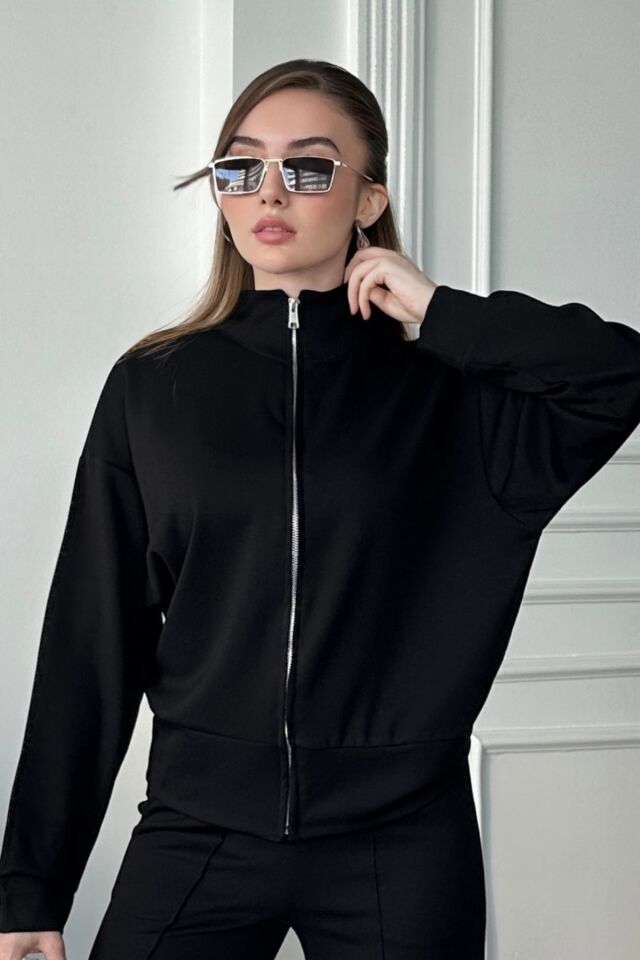 Balenbi Kadın Modal Kumaş Fermuarlı Dik Yaka Takım 1118 L - Siyah