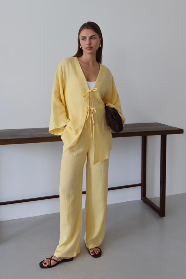 Balenbi Kadın Hafif Transparan Çift Bağlamalı Müslin Kumaş Kimono 1101 L - Sarı