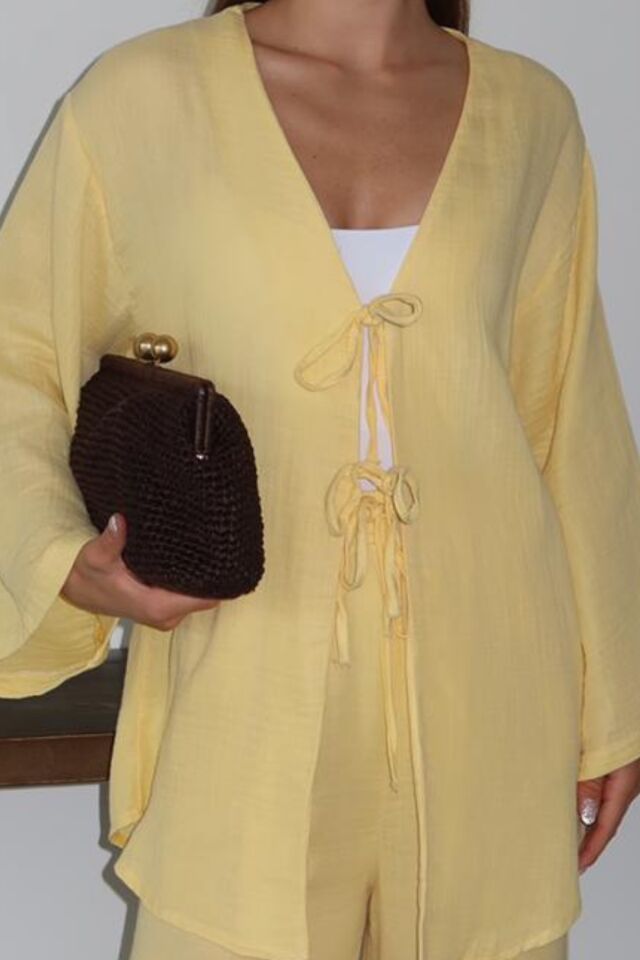 Balenbi Kadın Hafif Transparan Çift Bağlamalı Müslin Kumaş Kimono 1101 L - Sarı