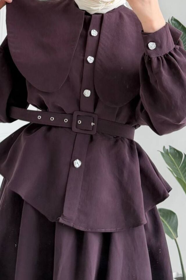 Balenbi Rahat Kesim Kemer Detaylı Tesettür Kadın Etekli Takım 1167 – Form Serisi 38 - Bordo