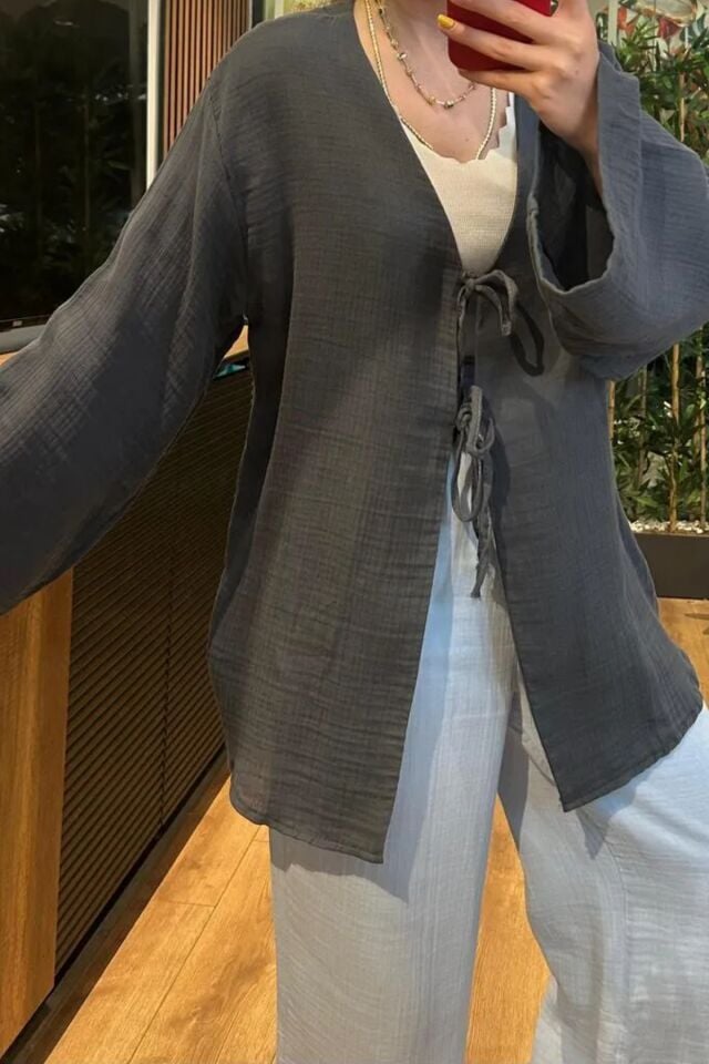 Balenbi Kadın Hafif Transparan Çift Bağlamalı Müslin Kumaş Kimono 1101 M - Antrasit
