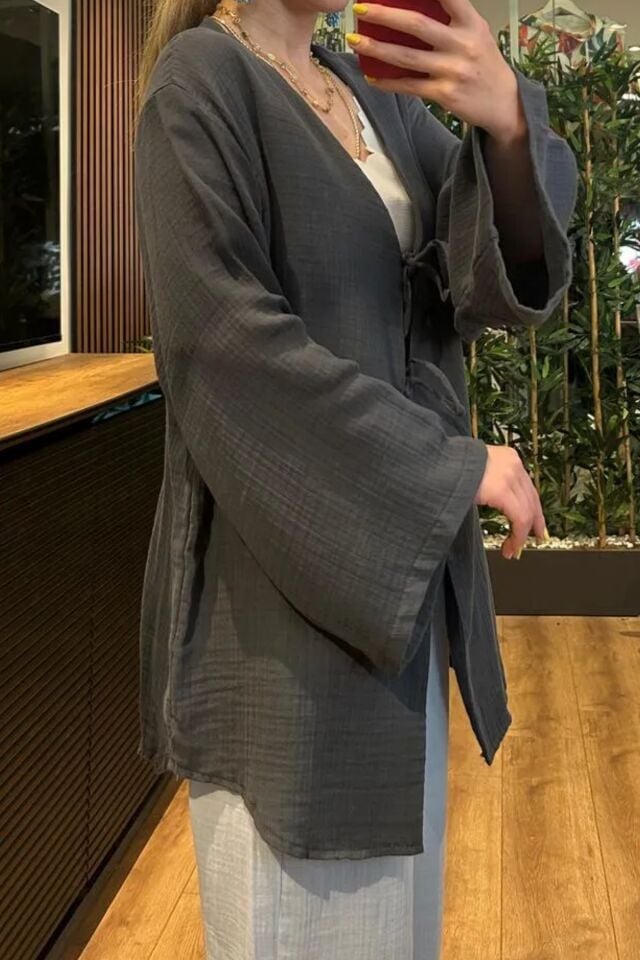 Balenbi Kadın Hafif Transparan Çift Bağlamalı Müslin Kumaş Kimono 1101 M - Antrasit