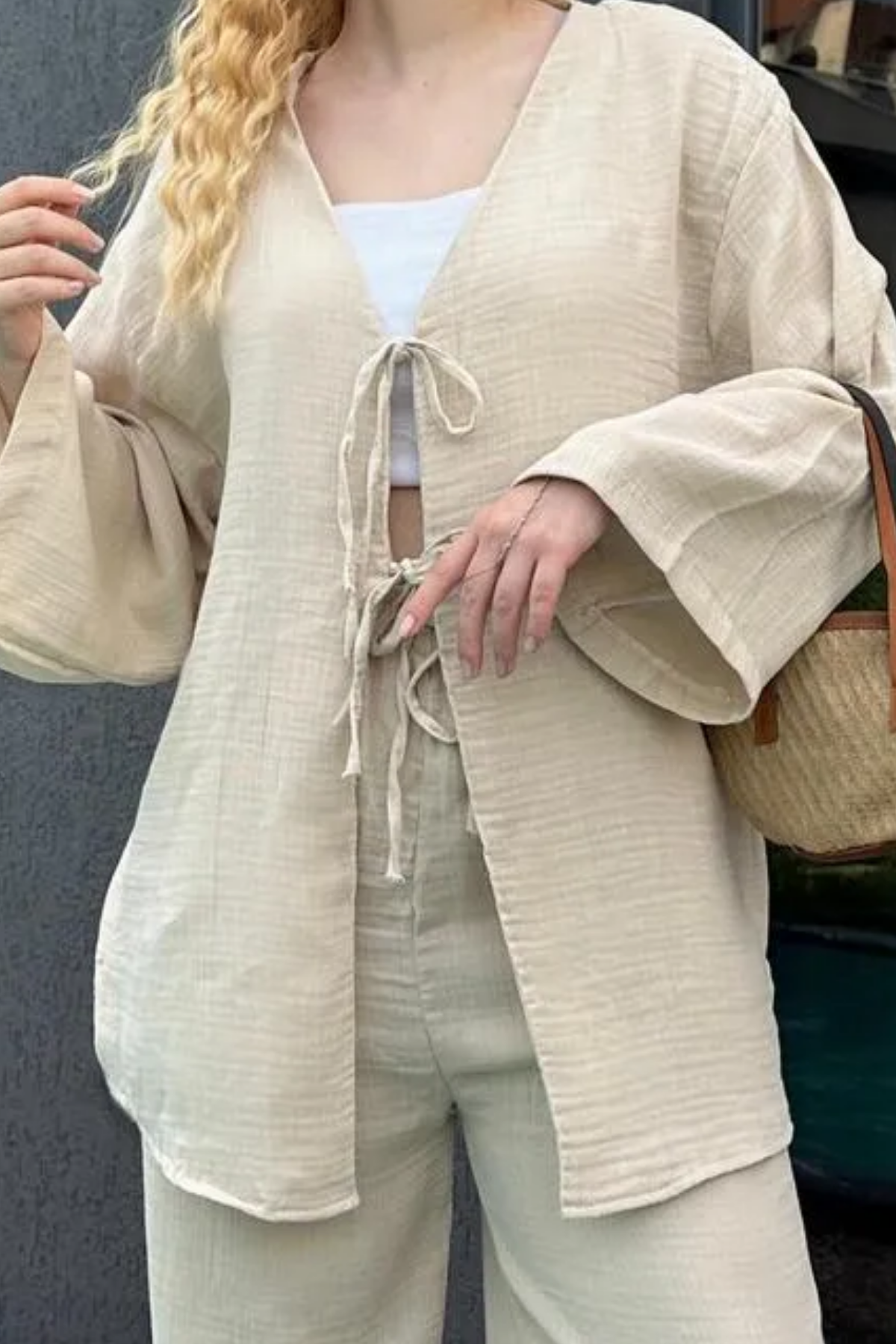 Balenbi Kadın Hafif Transparan Çift Bağlamalı Müslin Kumaş Kimono 1101 M - Bej