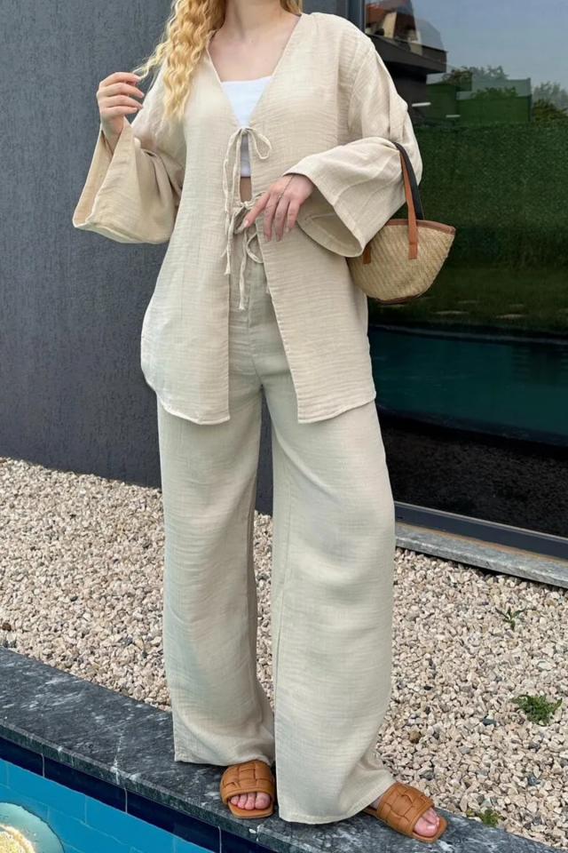 Balenbi Kadın Hafif Transparan Çift Bağlamalı Müslin Kumaş Kimono 1101 M - Bej