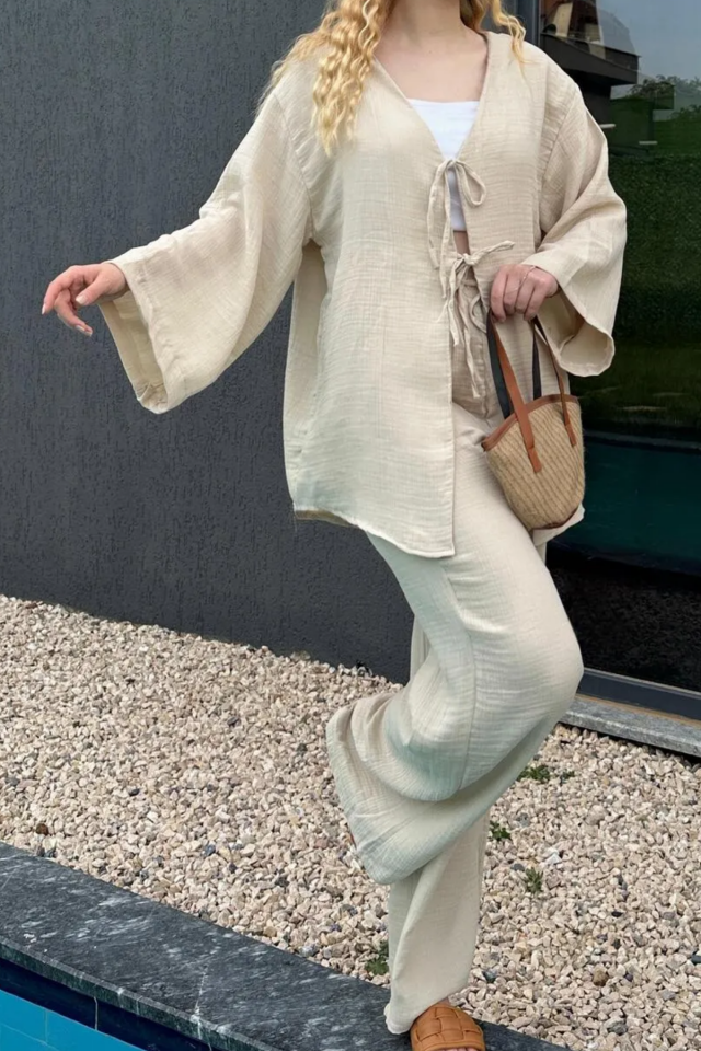 Balenbi Kadın Hafif Transparan Çift Bağlamalı Müslin Kumaş Kimono 1101 M - Bej