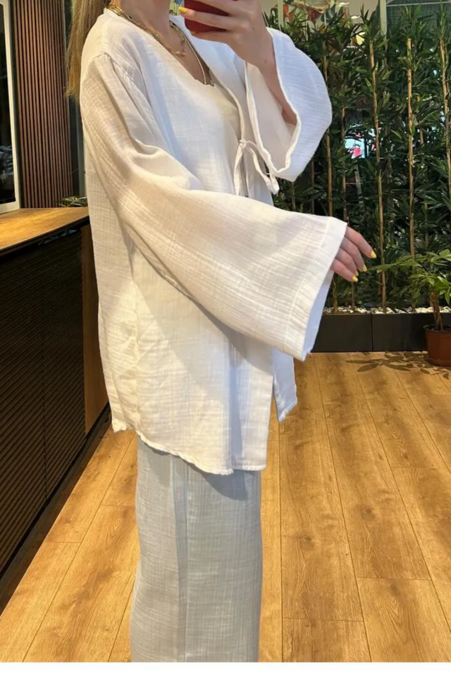 Balenbi Kadın Hafif Transparan Çift Bağlamalı Müslin Kumaş Kimono 1101 M - Beyaz