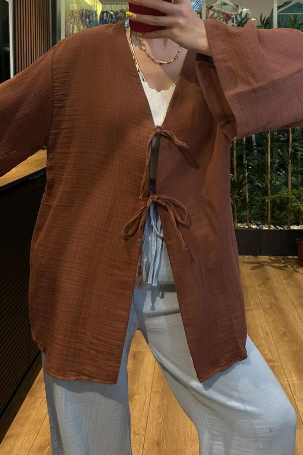 Balenbi Kadın Hafif Transparan Çift Bağlamalı Müslin Kumaş Kimono 1101 M - Kahverengi