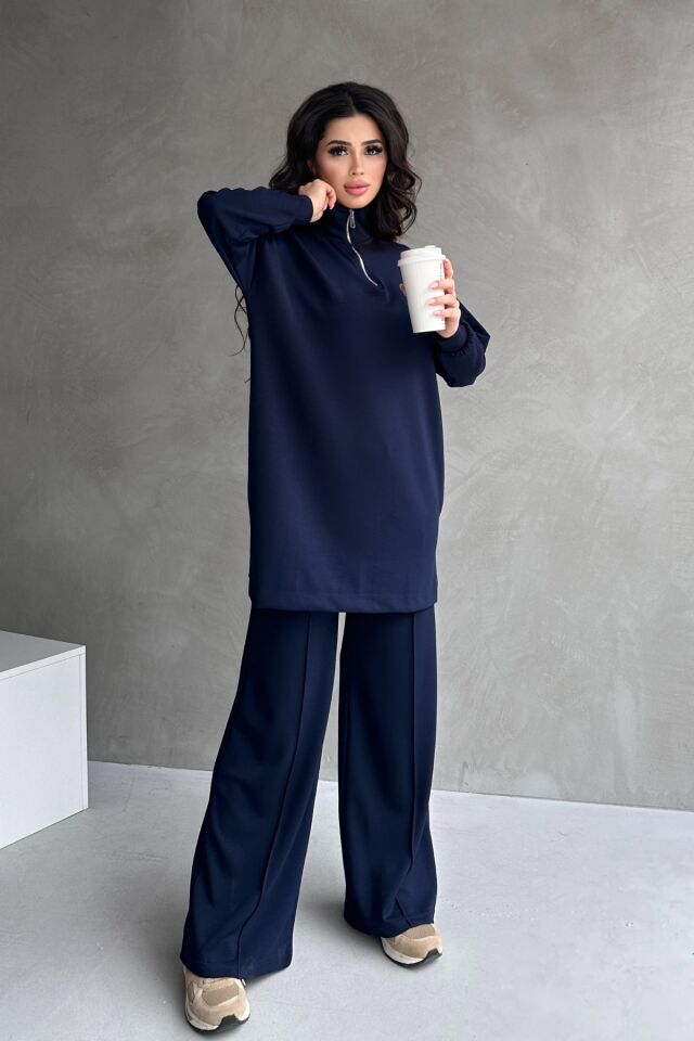 Feela Moda Kadın Modal Penye Oversize Metal Fermuar Tesettür Tunik Takım 2021 S - Lacivert