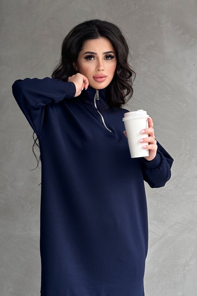 Feela Moda Kadın Modal Penye Oversize Metal Fermuar Tesettür Tunik Takım 2021 S - Lacivert