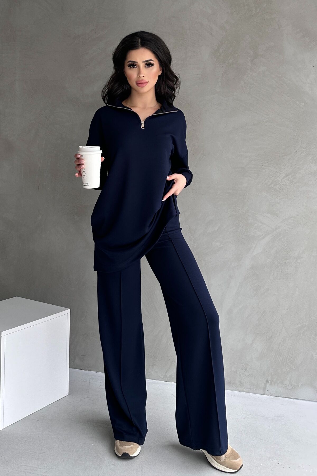 Feela Moda Kadın Modal Penye Oversize Metal Fermuar Tesettür Tunik Takım 2021 S - Lacivert