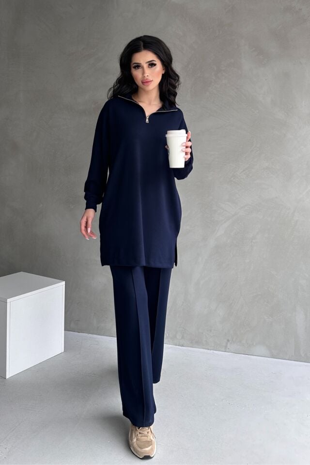 Feela Moda Kadın Modal Penye Oversize Metal Fermuar Tesettür Tunik Takım 2021 S - Lacivert