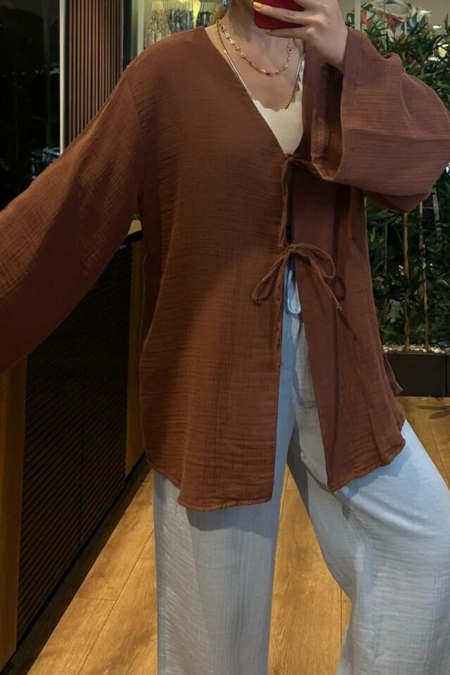 Balenbi Kadın Hafif Transparan Çift Bağlamalı Müslin Kumaş Kimono 1101 M - Kahverengi