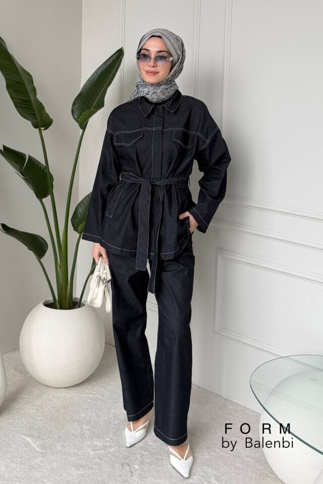 Balenbi Rahat Kesim Bağlama Detaylı Tesettür Kadın Denim Takım 1165 – Form Serisi 44-46 - Lacivert