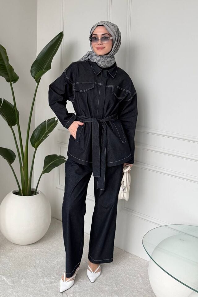 Balenbi Rahat Kesim Bağlama Detaylı Tesettür Kadın Denim Takım 1165 – Form Serisi 44-46 - Lacivert