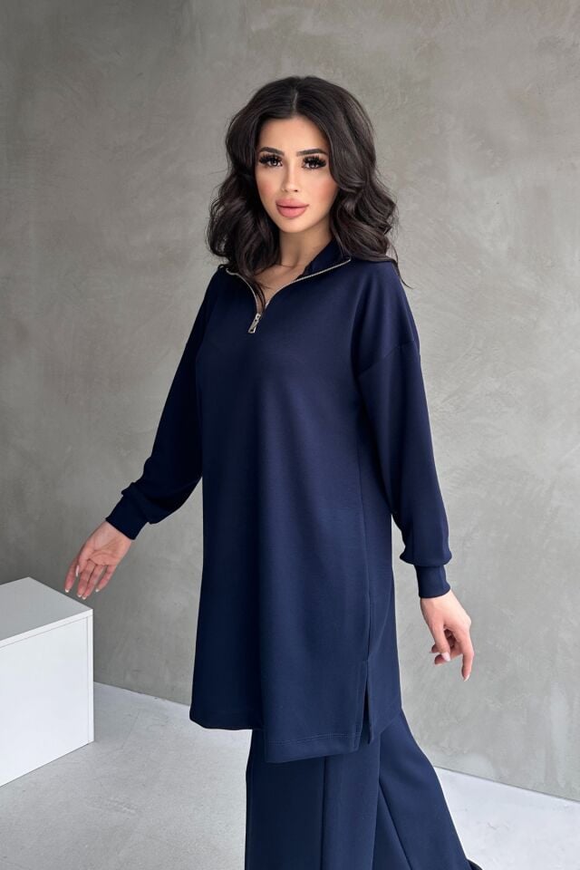 Feela Moda Kadın Modal Penye Oversize Metal Fermuar Tesettür Tunik Takım 2021 S - Lacivert