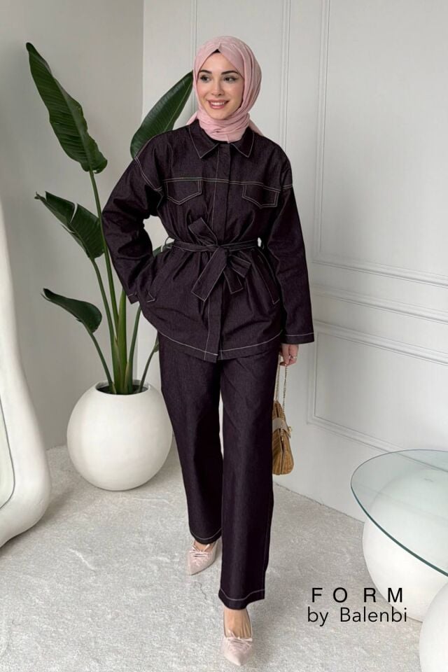 Balenbi Rahat Kesim Bağlama Detaylı Tesettür Kadın Denim Takım 1165 – Form Serisi 44-46 - Mürdüm