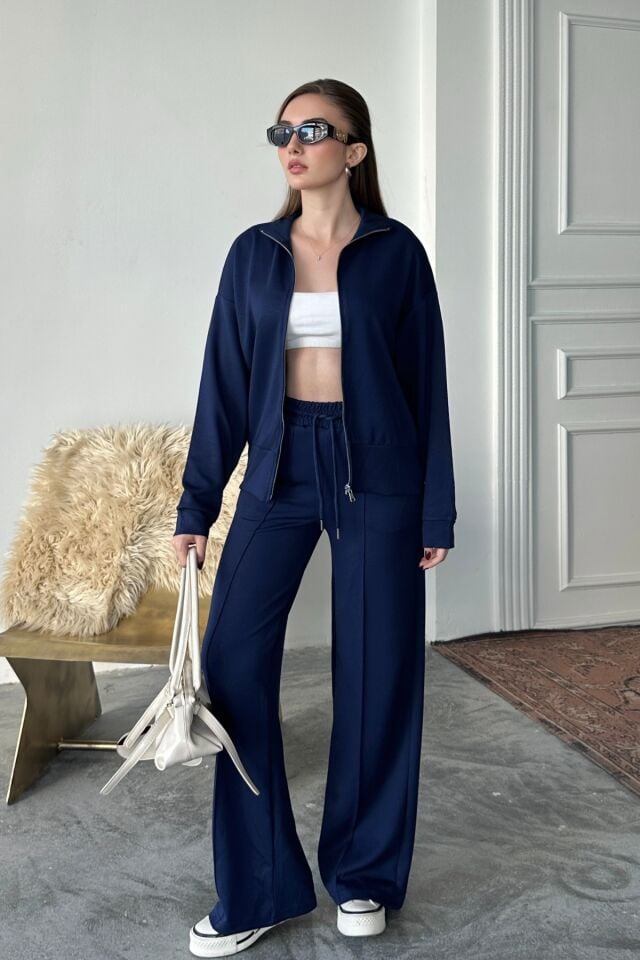 Balenbi Kadın Modal Kumaş Fermuarlı Dik Yaka Takım 1118 Lacivert - 2XL