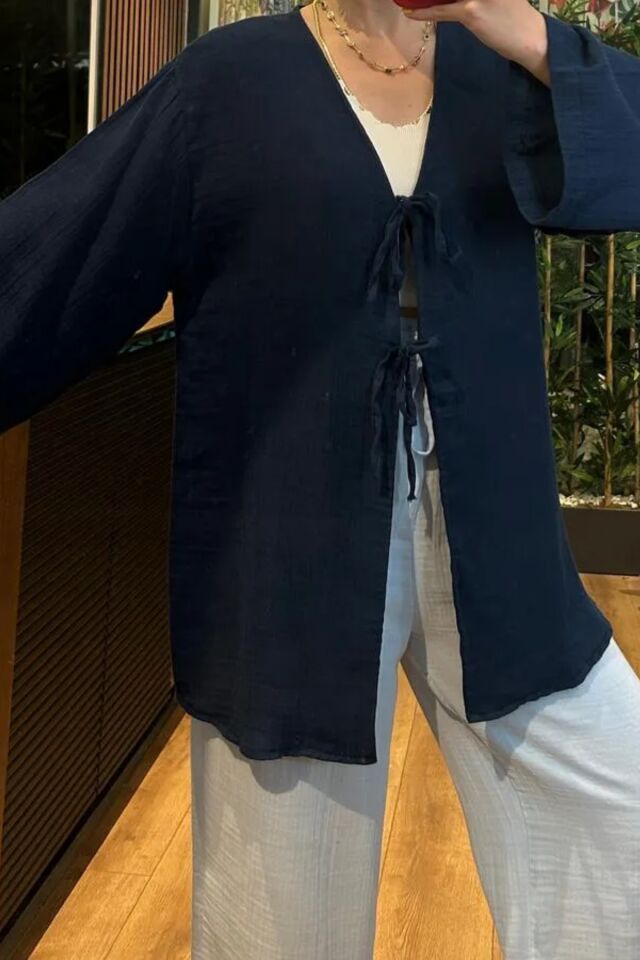 Balenbi Kadın Hafif Transparan Çift Bağlamalı Müslin Kumaş Kimono 1101 M - Lacivert