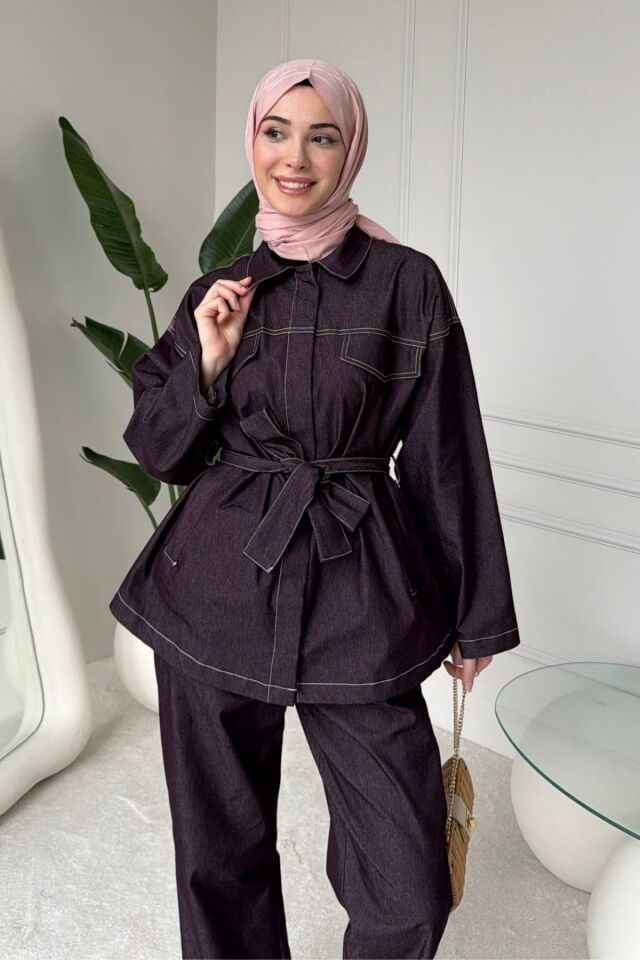 Balenbi Rahat Kesim Bağlama Detaylı Tesettür Kadın Denim Takım 1165 – Form Serisi 44-46 - Mürdüm