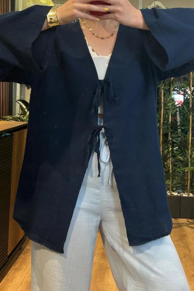 Balenbi Kadın Hafif Transparan Çift Bağlamalı Müslin Kumaş Kimono 1101 M - Lacivert