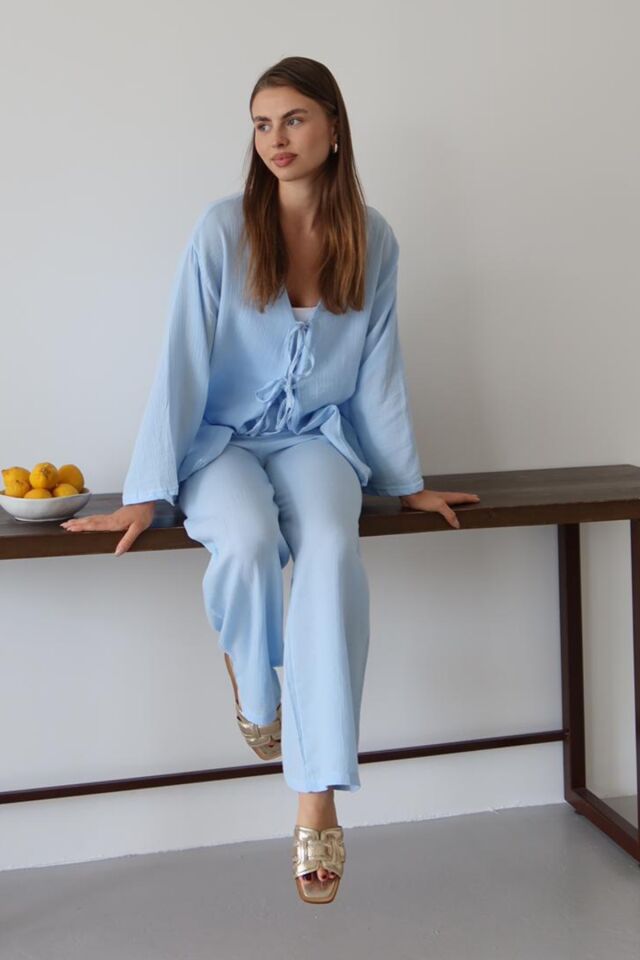 Balenbi Kadın Hafif Transparan Çift Bağlamalı Müslin Kumaş Kimono 1101 M - Mavi