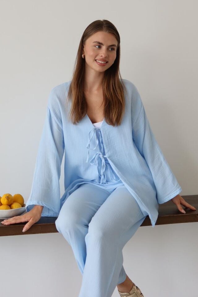 Balenbi Kadın Hafif Transparan Çift Bağlamalı Müslin Kumaş Kimono 1101 M - Mavi
