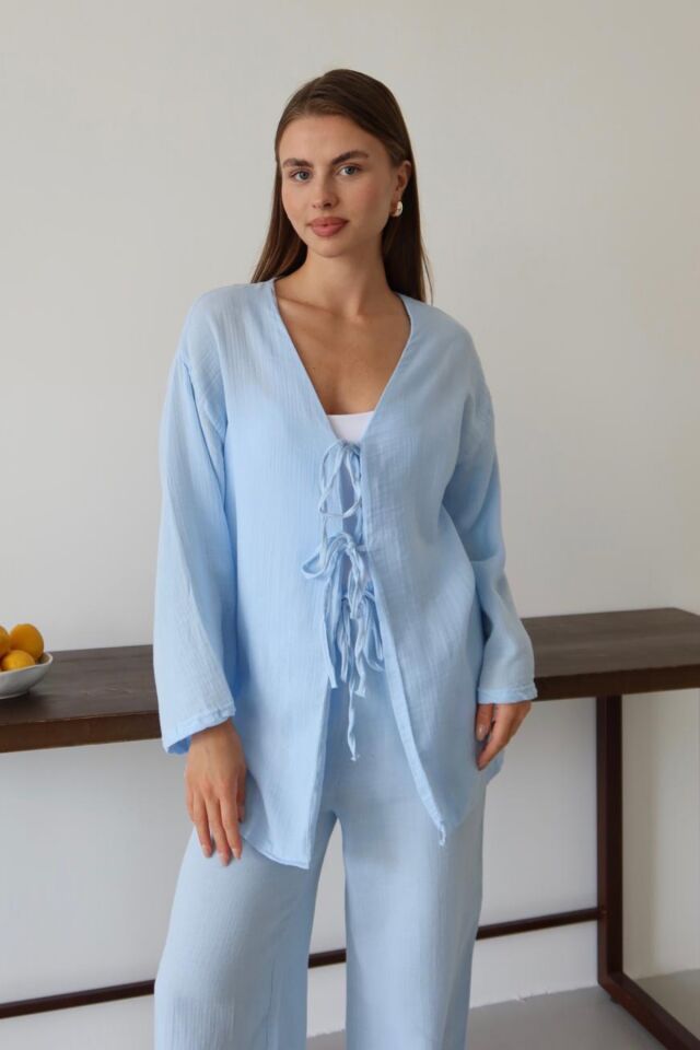 Balenbi Kadın Hafif Transparan Çift Bağlamalı Müslin Kumaş Kimono 1101 M - Mavi