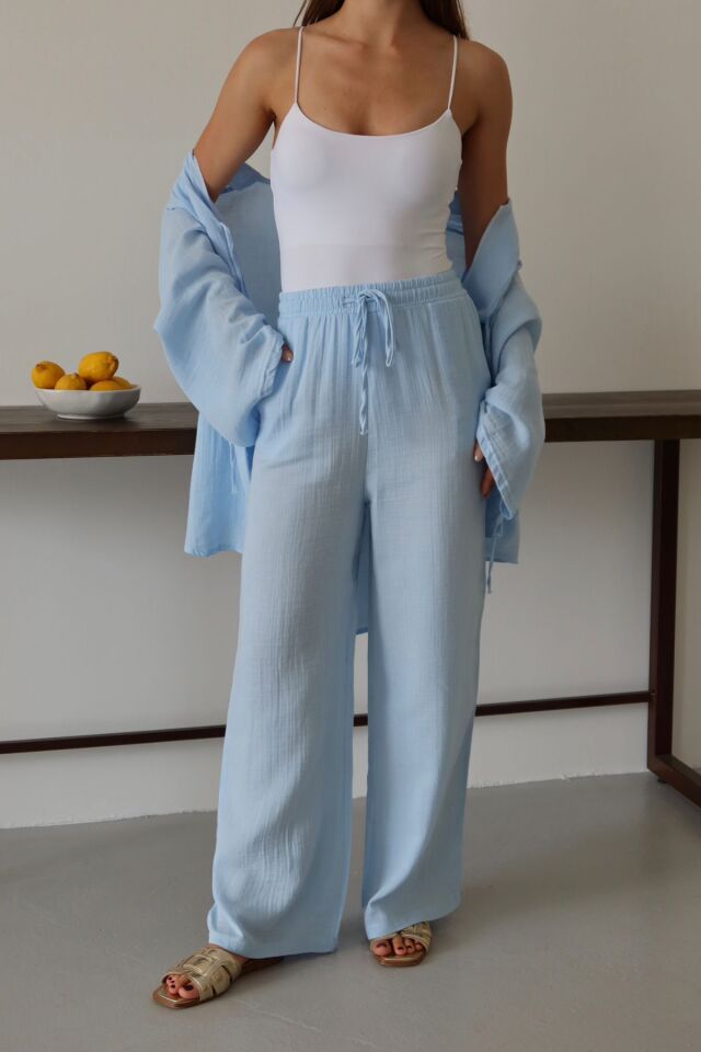 Balenbi Kadın Hafif Transparan Çift Bağlamalı Müslin Kumaş Kimono 1101 M - Mavi