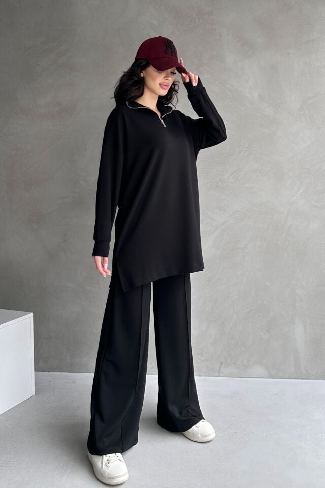 Feela Moda Kadın Modal Penye Oversize Metal Fermuar Tesettür Tunik Takım 2021 S - Siyah