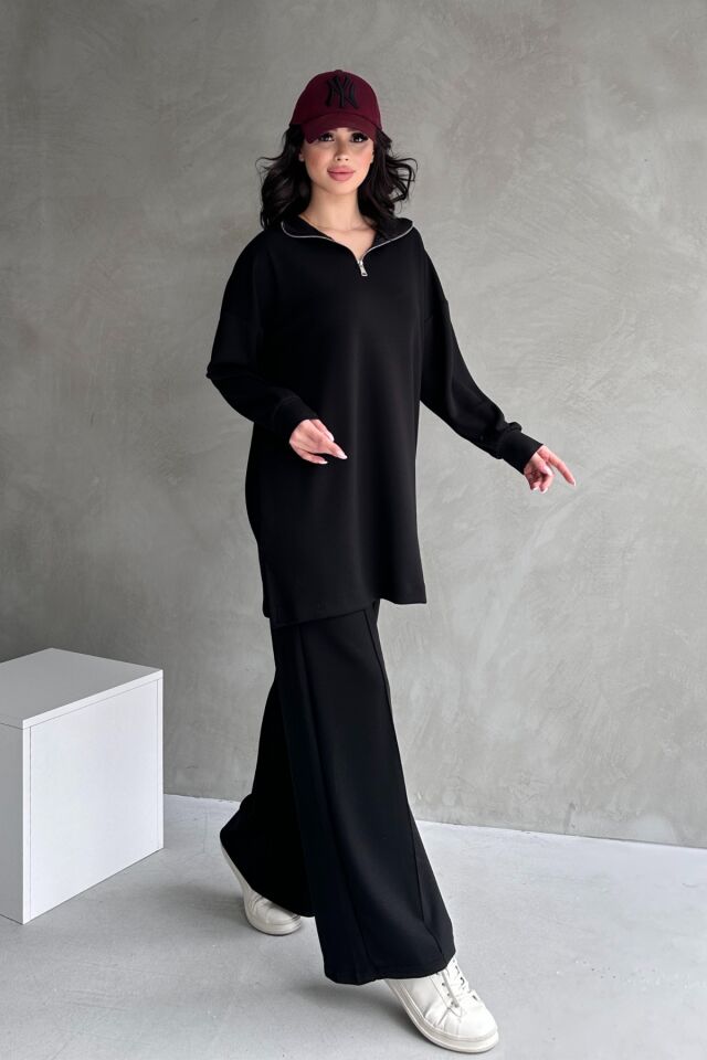 Feela Moda Kadın Modal Penye Oversize Metal Fermuar Tesettür Tunik Takım 2021 S - Siyah