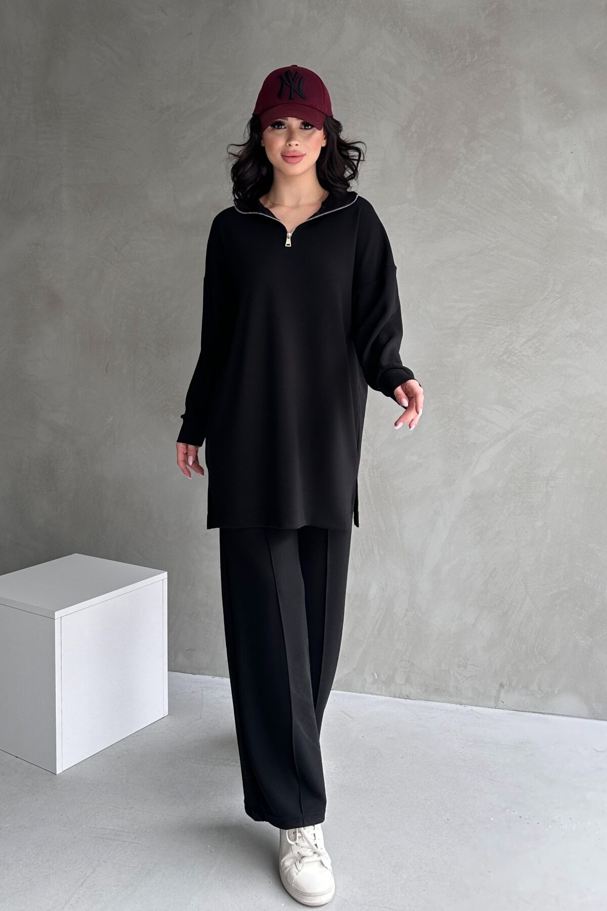 Feela Moda Kadın Modal Penye Oversize Metal Fermuar Tesettür Tunik Takım 2021 S - Siyah