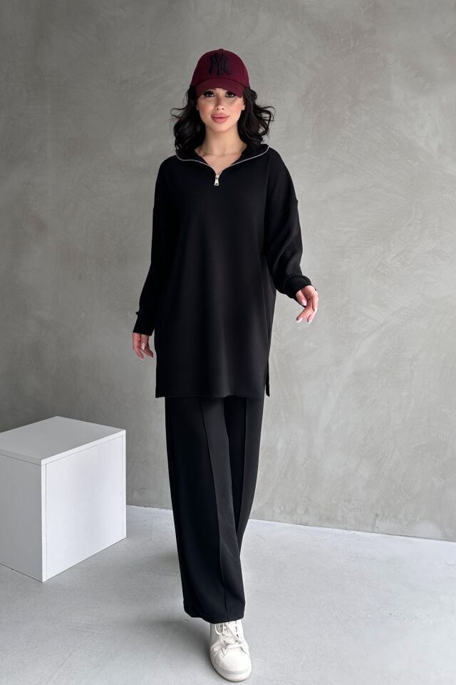 Feela Moda Kadın Modal Penye Oversize Metal Fermuar Tesettür Tunik Takım 2021 S - Siyah