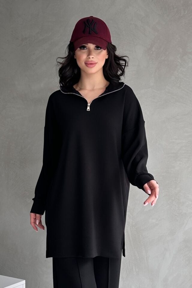 Feela Moda Kadın Modal Penye Oversize Metal Fermuar Tesettür Tunik Takım 2021 S - Siyah