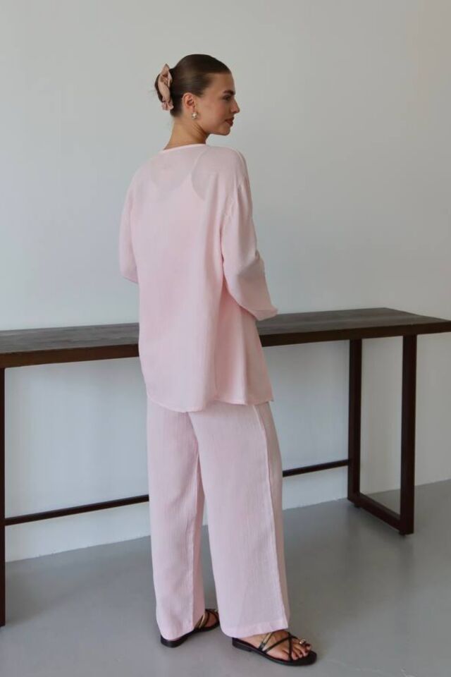 Balenbi Kadın Hafif Transparan Çift Bağlamalı Müslin Kumaş Kimono 1101 M - Pembe