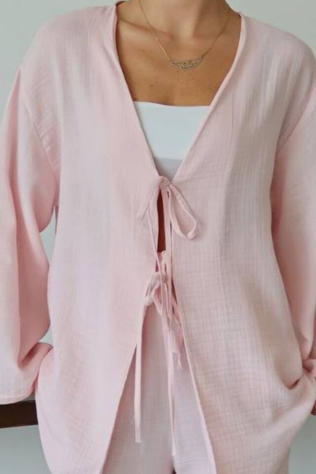 Balenbi Kadın Hafif Transparan Çift Bağlamalı Müslin Kumaş Kimono 1101 M - Pembe