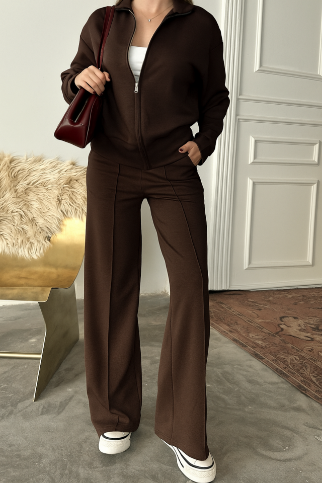 Balenbi Kadın Modal Kumaş Fermuarlı Dik Yaka Takım 1118 M - Kahverengi