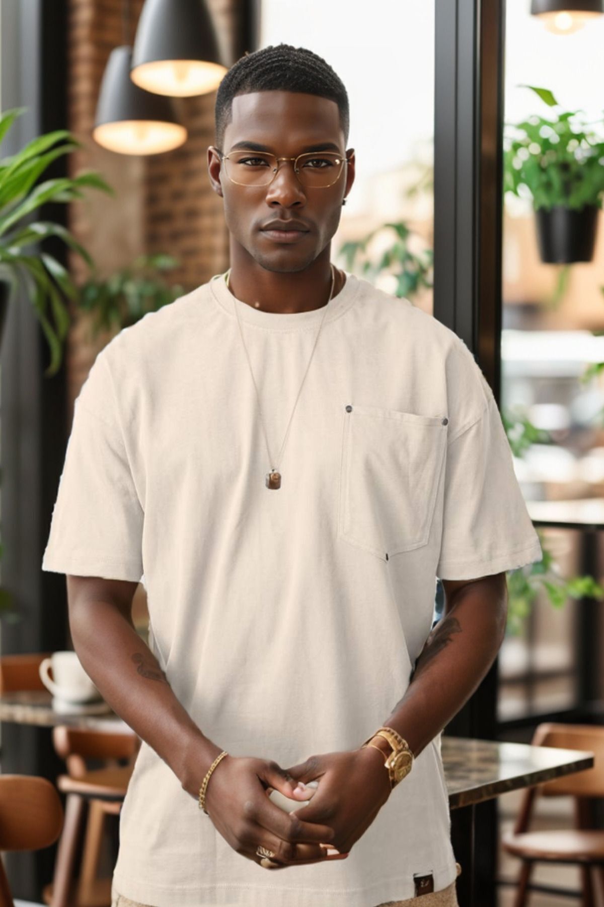 Balenbi Erkek Bisiklet Yaka Cepli Oversize Kalıp Penye Tişört 1007 XL - Bej