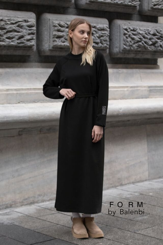 Balenbi Etiket Detaylı Basic Tesettür Kadın Penye Elbise 1168 – Form Serisi S/M - Siyah