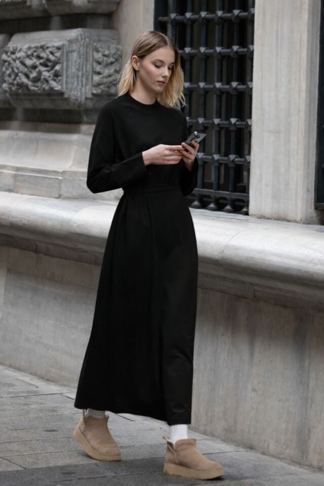 Balenbi Etiket Detaylı Basic Tesettür Kadın Penye Elbise 1168 – Form Serisi S/M - Siyah