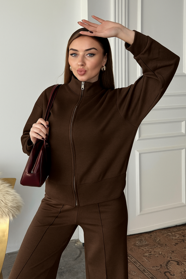 Balenbi Kadın Modal Kumaş Fermuarlı Dik Yaka Takım 1118 2XL - Kahverengi