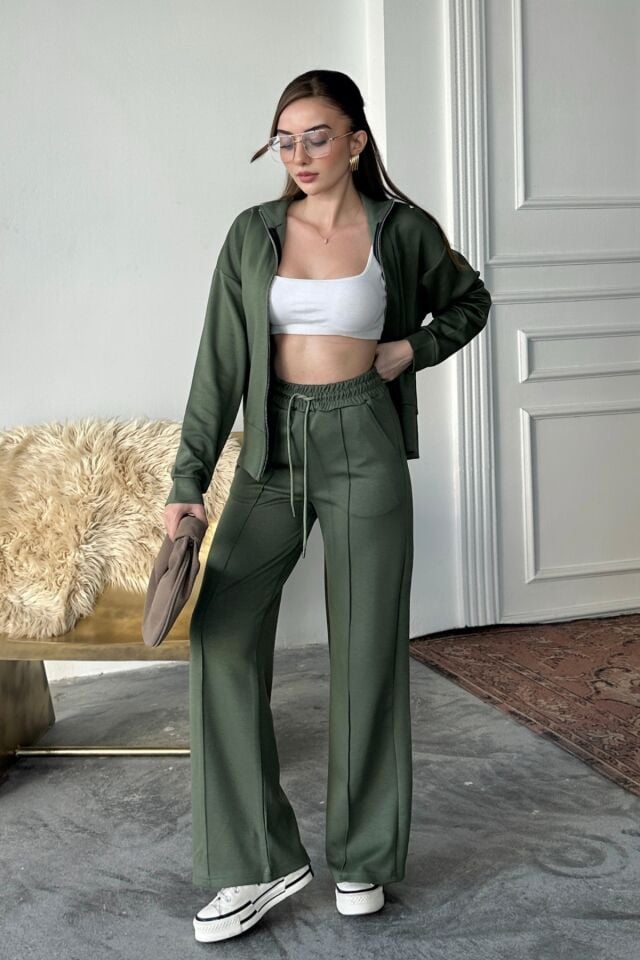 Balenbi Kadın Modal Kumaş Fermuarlı Dik Yaka Takım 1118 Haki - 2XL