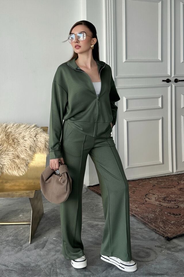 Balenbi Kadın Modal Kumaş Fermuarlı Dik Yaka Takım 1118 2XL - Haki