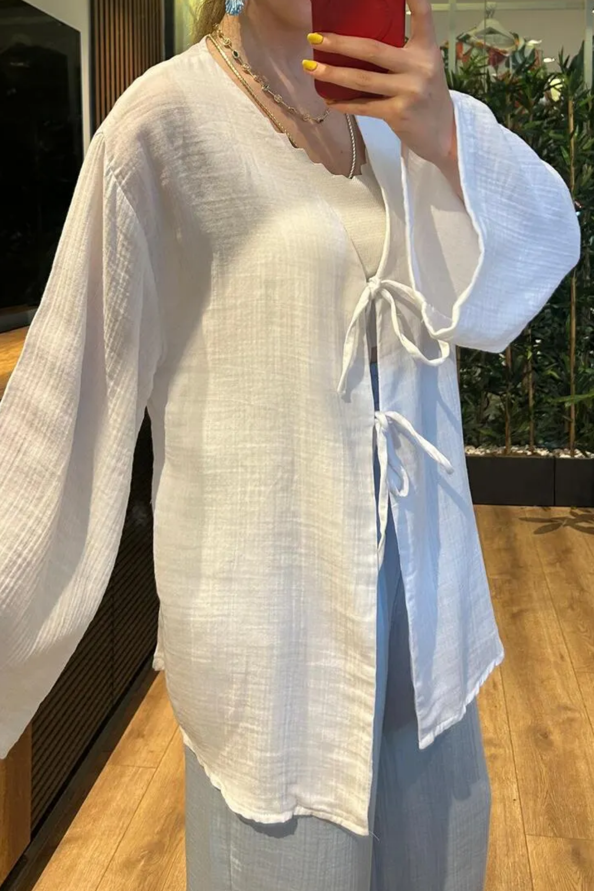 Balenbi Kadın Hafif Transparan Çift Bağlamalı Müslin Kumaş Kimono 1101 XL - Beyaz