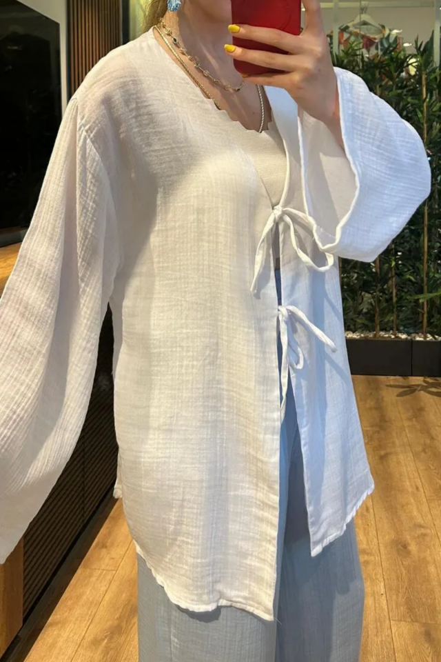 Balenbi Kadın Hafif Transparan Çift Bağlamalı Müslin Kumaş Kimono 1101 XL - Beyaz