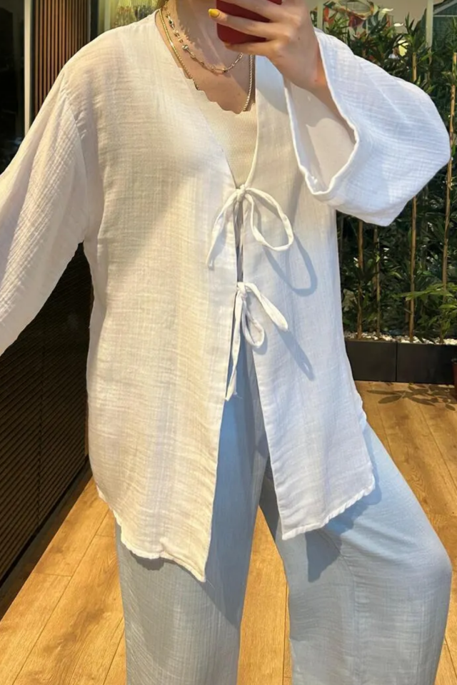 Balenbi Kadın Hafif Transparan Çift Bağlamalı Müslin Kumaş Kimono 1101 XL - Beyaz