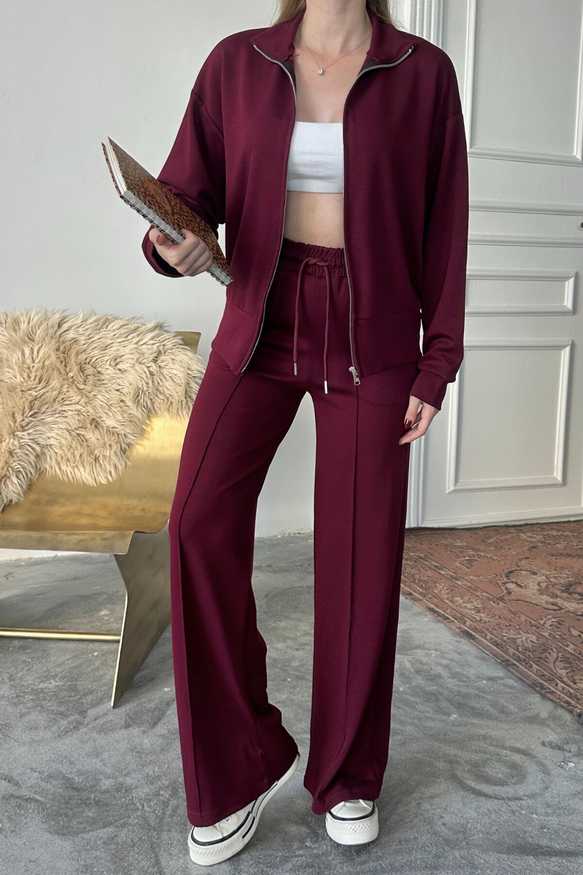 Balenbi Kadın Modal Kumaş Fermuarlı Dik Yaka Takım 1118 2XL - Bordo